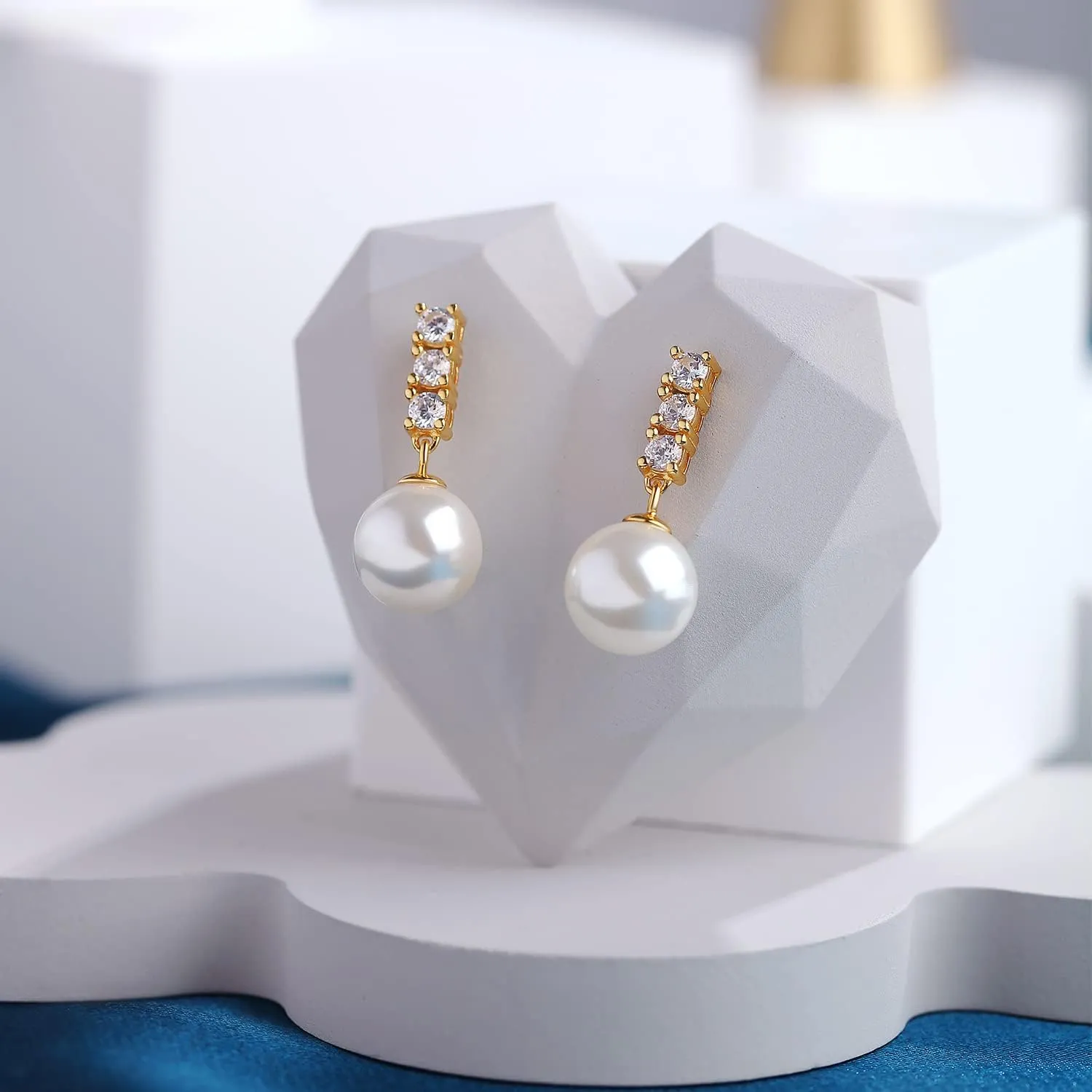 925 Sterling Silver Pearl Stud Earrings with Pearl 10MM, 3 Diamond Cubic Zirconia Pearl Diamond Earring Pearl Jewelry for Women