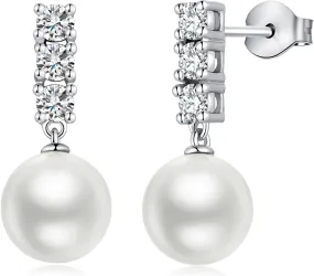 925 Sterling Silver Pearl Stud Earrings with Pearl 10MM, 3 Diamond Cubic Zirconia Pearl Diamond Earring Pearl Jewelry for Women