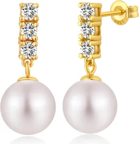 925 Sterling Silver Pearl Stud Earrings with Pearl 10MM, 3 Diamond Cubic Zirconia Pearl Diamond Earring Pearl Jewelry for Women