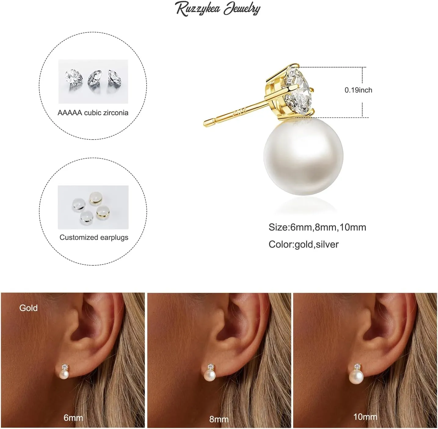 925 Sterling Silver Post Pearl Earrings Gold/Silver CZ Diamond Pearl Stud Earrings Bridesmaid Wedding Earrings Women Jewelry Gifts 6mm/8mm/10mm
