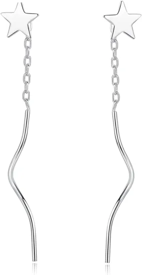 925 Sterling Silver Star Earring Threader Tassel Earrings for Women Dangle Drop Earrings Curved Chain Ear Line Earrings
