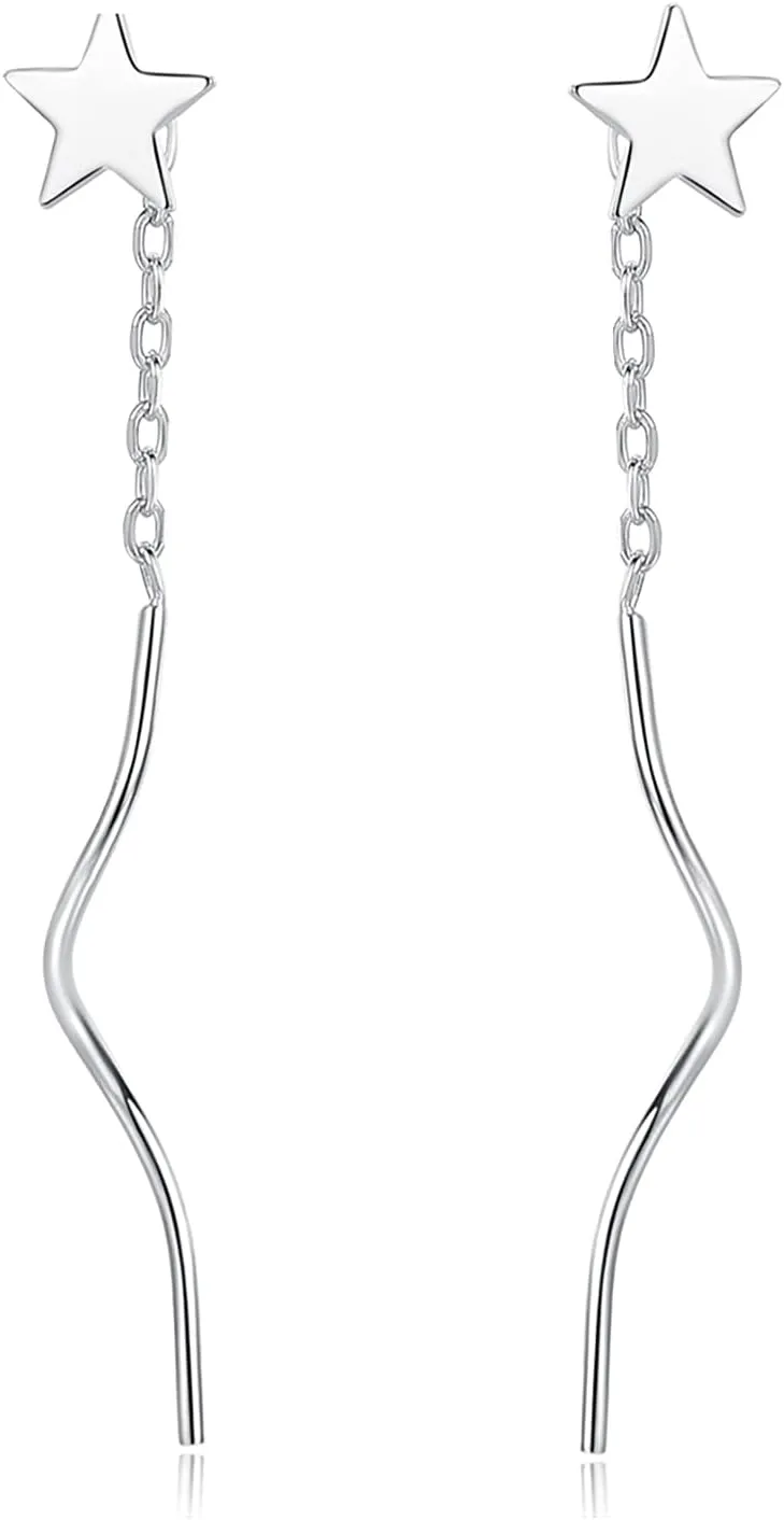 925 Sterling Silver Star Earring Threader Tassel Earrings for Women Dangle Drop Earrings Curved Chain Ear Line Earrings