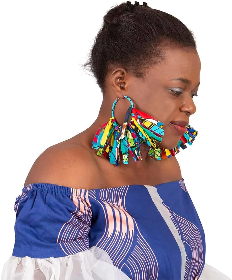 African Fabric Tassel Earrings Set for Ankara Fringe Hoop Earrings for Women