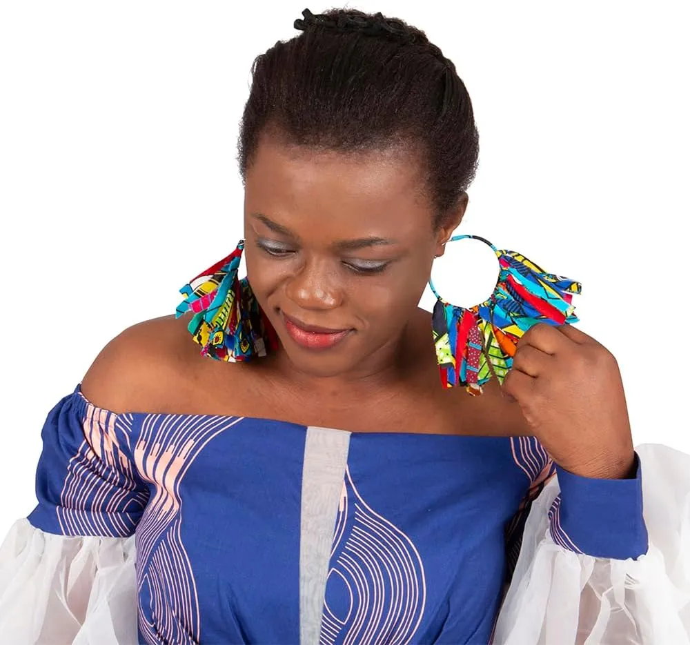African Fabric Tassel Earrings Set for Ankara Fringe Hoop Earrings for Women
