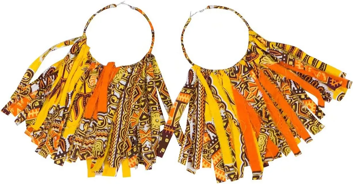 African Fabric Tassel Earrings Set for Ankara Fringe Hoop Earrings for Women
