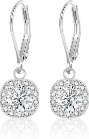 ALEXCRAFT Sterling Silver Leverback Dangle Drop Earrings for Women, Cubic Zirconia Small Round Square Halo Drop Earring Hypoallergenic Jewelry for Wedding Bridal