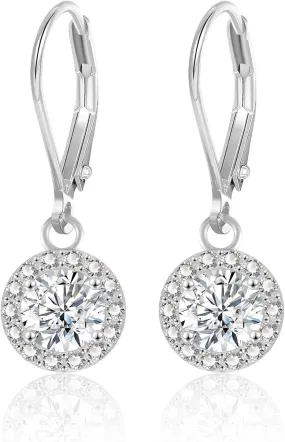 ALEXCRAFT Sterling Silver Leverback Dangle Drop Earrings for Women, Cubic Zirconia Small Round Square Halo Drop Earring Hypoallergenic Jewelry for Wedding Bridal