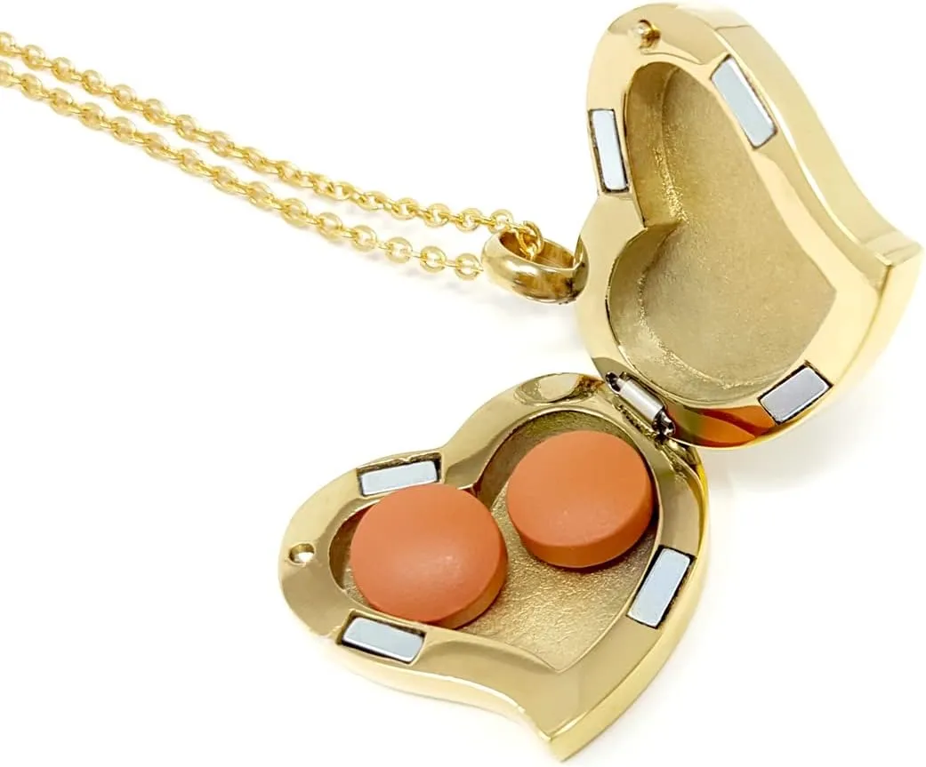 Amour Heart Pill Necklace - Polished Heart Locket with Strong Magnetic Closure - Medication Necklace - Keep Your Medication Securely with You at All Times - 26 Inch Chain