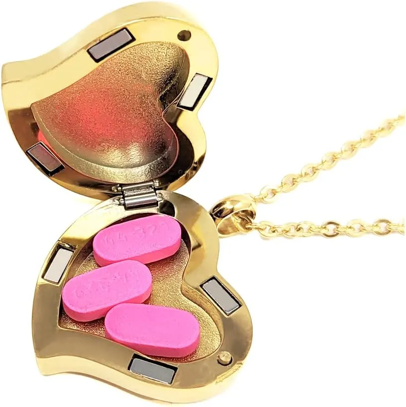 Amour Heart Pill Necklace - Polished Heart Locket with Strong Magnetic Closure - Medication Necklace - Keep Your Medication Securely with You at All Times - 26 Inch Chain