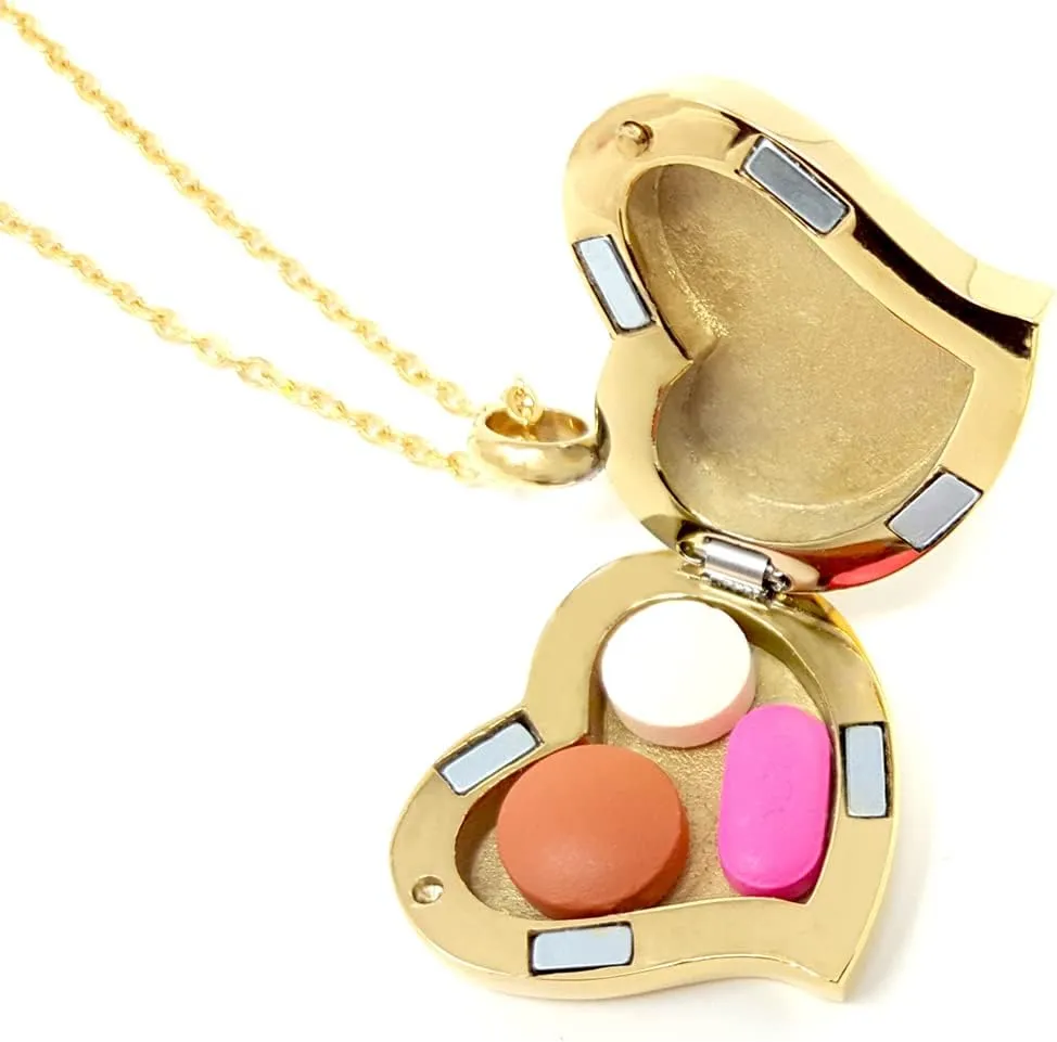 Amour Heart Pill Necklace - Polished Heart Locket with Strong Magnetic Closure - Medication Necklace - Keep Your Medication Securely with You at All Times - 26 Inch Chain