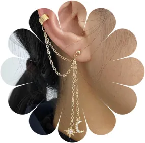 Andelaisi Boho Tassel Chain Cuff Earrings Gold Moon Star Long Chain Earring Long Star Chain Drop Earrings Vintage Tassel Chain Cartilage Wrap Earring Jewelry for Women