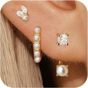 Angelady Pearl Earrings Set for Women, Trendy Pearl Stud Hoop Earring Stacks Gold, Dainty Pearls Earring Jewelry for Women, Valentines Day Earrings Gifts for Her