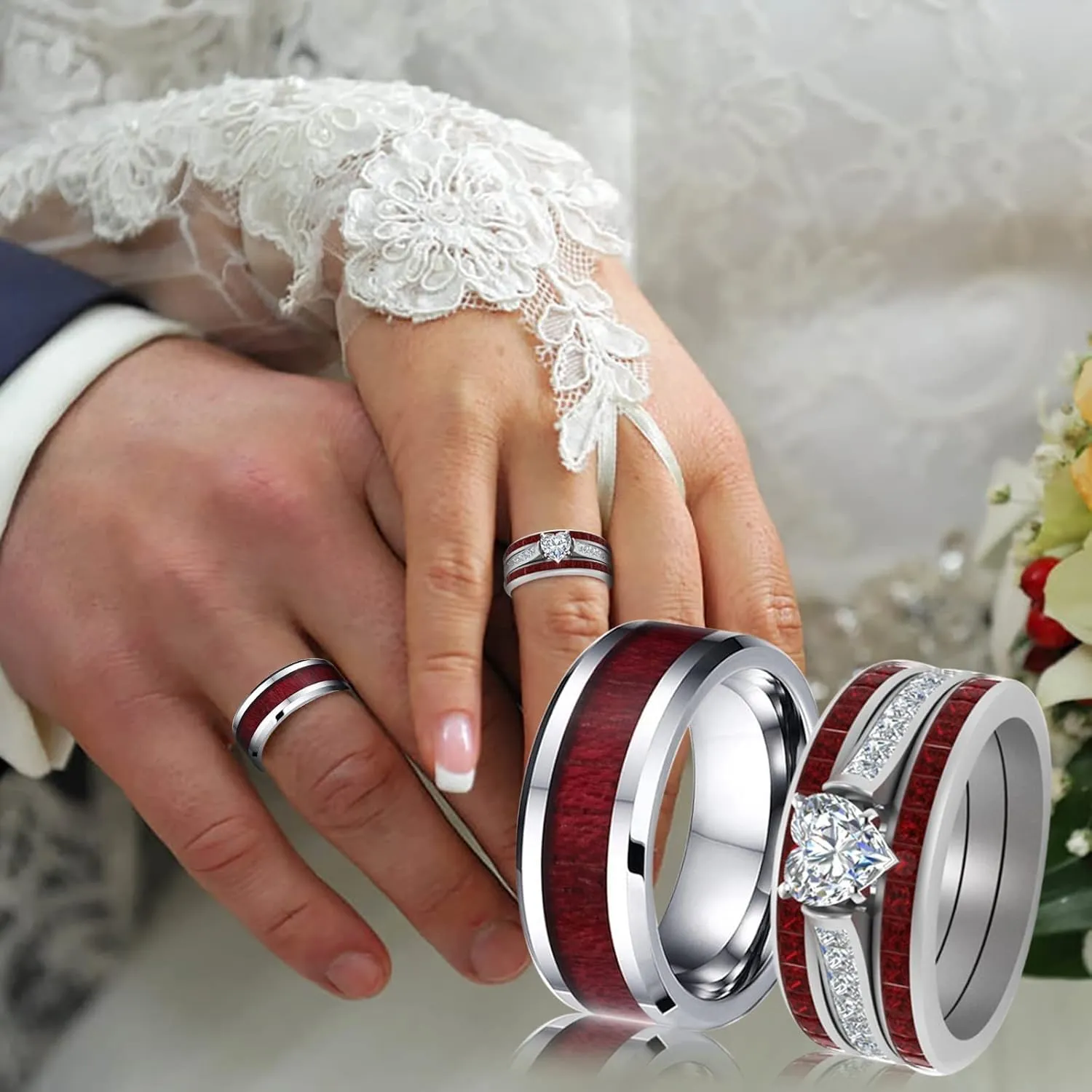 Anniversary Promise Ring Couples Bridal Sets Women's 925 Silver Heart Cz Man Wedding Bands Valentine's Day