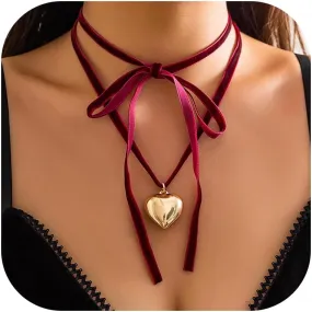 Aonklot Gold Chunky Heart Necklace for Women Red Heart Choker Necklace Puffy Heart Necklace Black Velvet Choker Necklace Big Heart Necklace Christmas Stocking Stuffer Gifts
