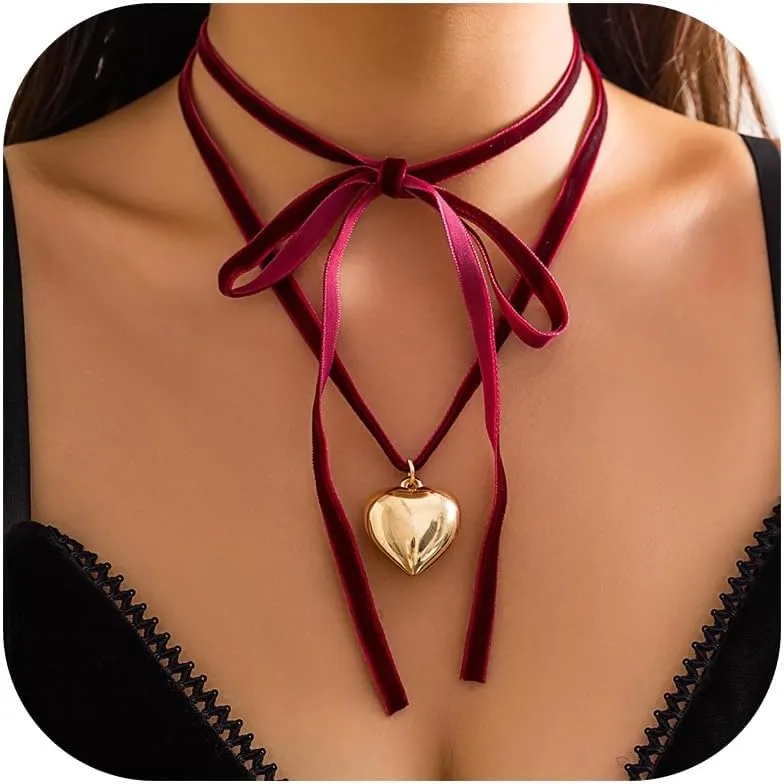 Aonklot Gold Chunky Heart Necklace for Women Red Heart Choker Necklace Puffy Heart Necklace Black Velvet Choker Necklace Big Heart Necklace Christmas Stocking Stuffer Gifts