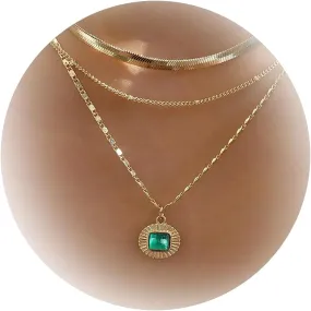 Aonklot Gold Layered Necklaces for Women Snake Chain Necklace Round Cut Layering Adjustable Chain Pendant Necklace for Women Jewelry