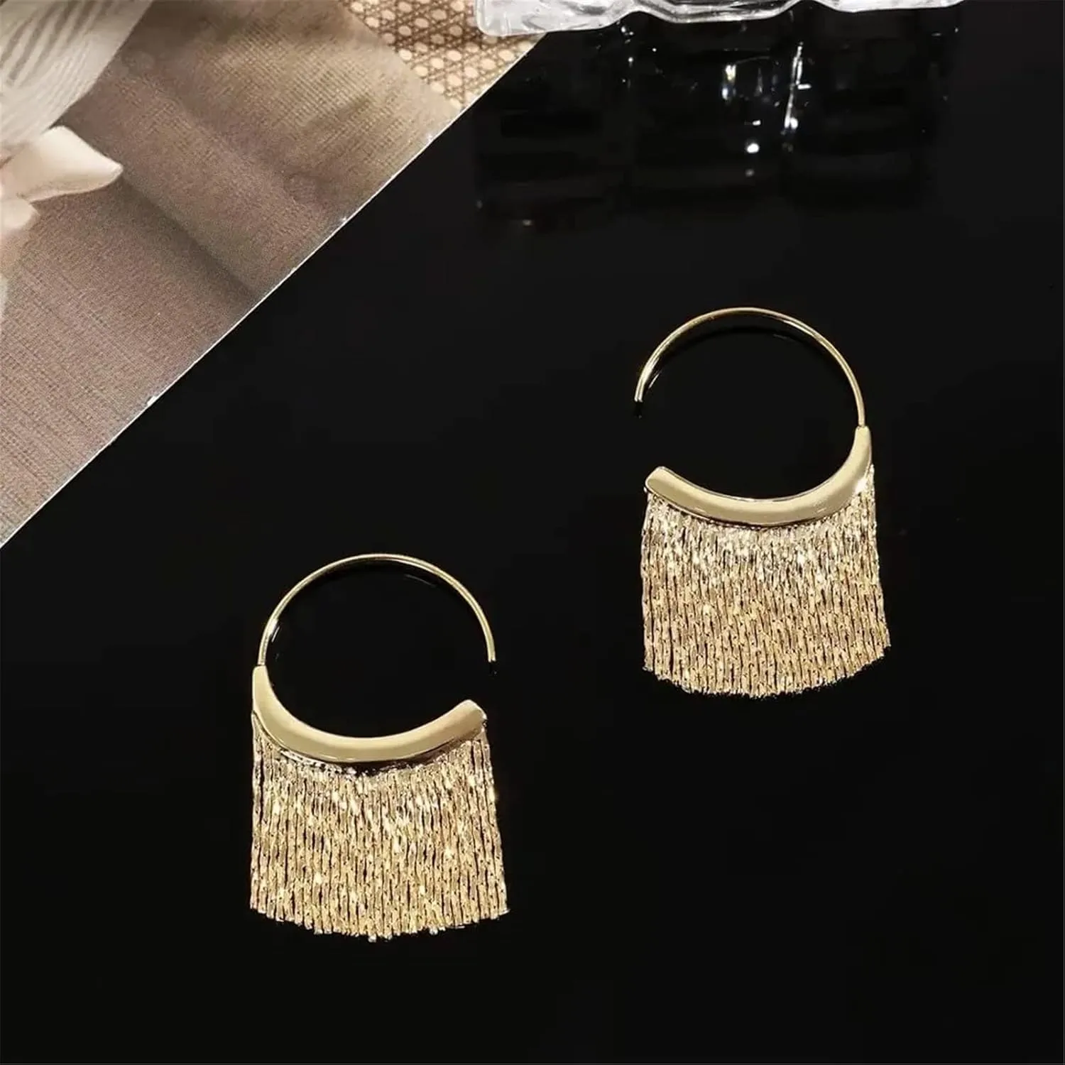 Aphro Fashion Scalloped Tassel Earrings, 18K Gold Plated Tassel Dangle Drop Earrings, Hoop Tassel Metal Earrings for Women, Gold Chain Waterfall Earrings, Gold Chandelier Earrings (#1 - Golden)
