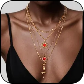 Atiptu Layered Crystal Sun Necklace for Women Vintage Sun Heart Flower Pendant Charm Necklace Boho Hippie Jewelry Dainty Statement Necklace