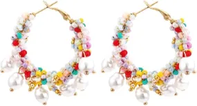 Beaded Pearl Cluster Huggie Earrings, Zinc, White, 45mm, Hypoallergenic
