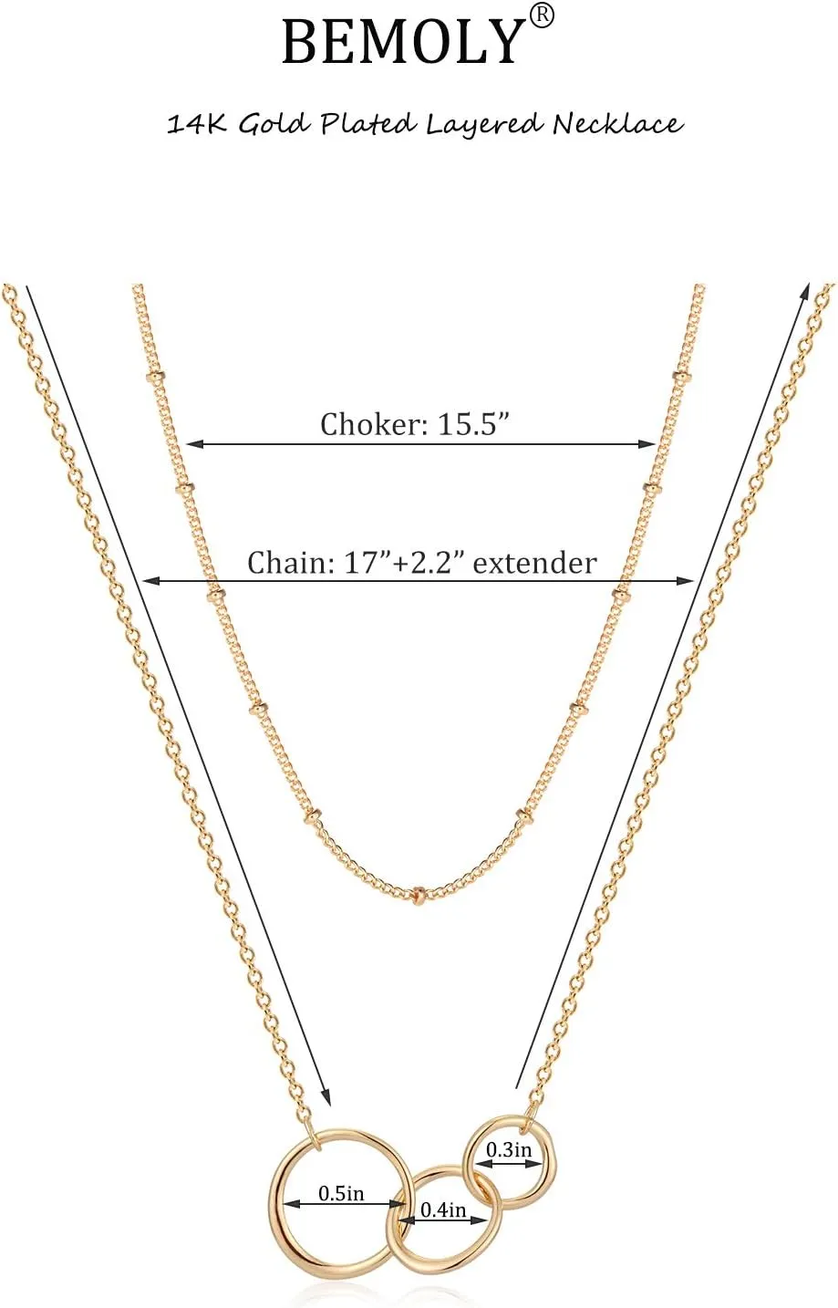 Bemoly Multilayered Necklace for Women, 14K Gold Plated Chain Choker Hammered Coin Bar Dainty Y Pendant Long Necklace 3 Layered Choker Necklace Simple Costume Jewelry
