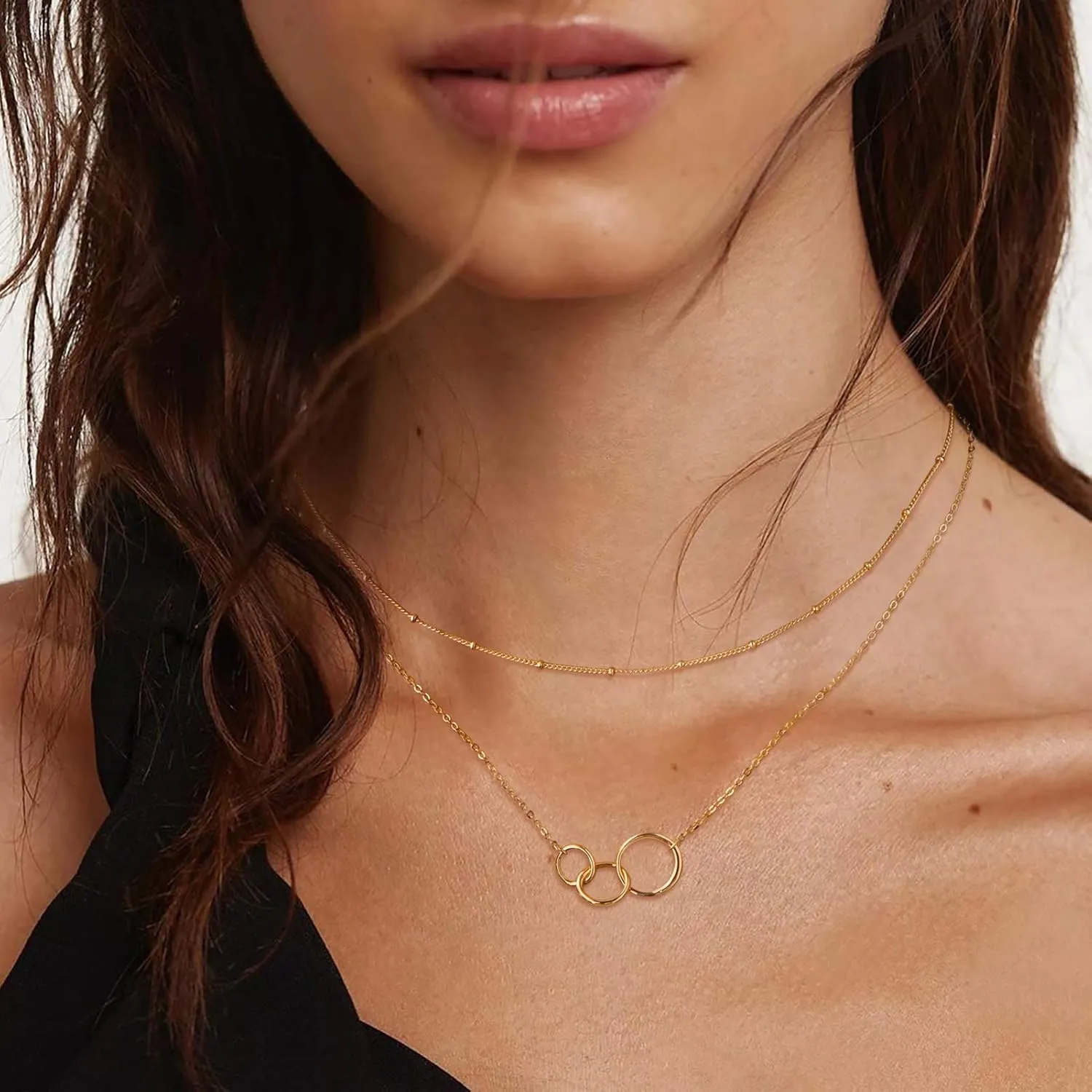 Bemoly Multilayered Necklace for Women, 14K Gold Plated Chain Choker Hammered Coin Bar Dainty Y Pendant Long Necklace 3 Layered Choker Necklace Simple Costume Jewelry