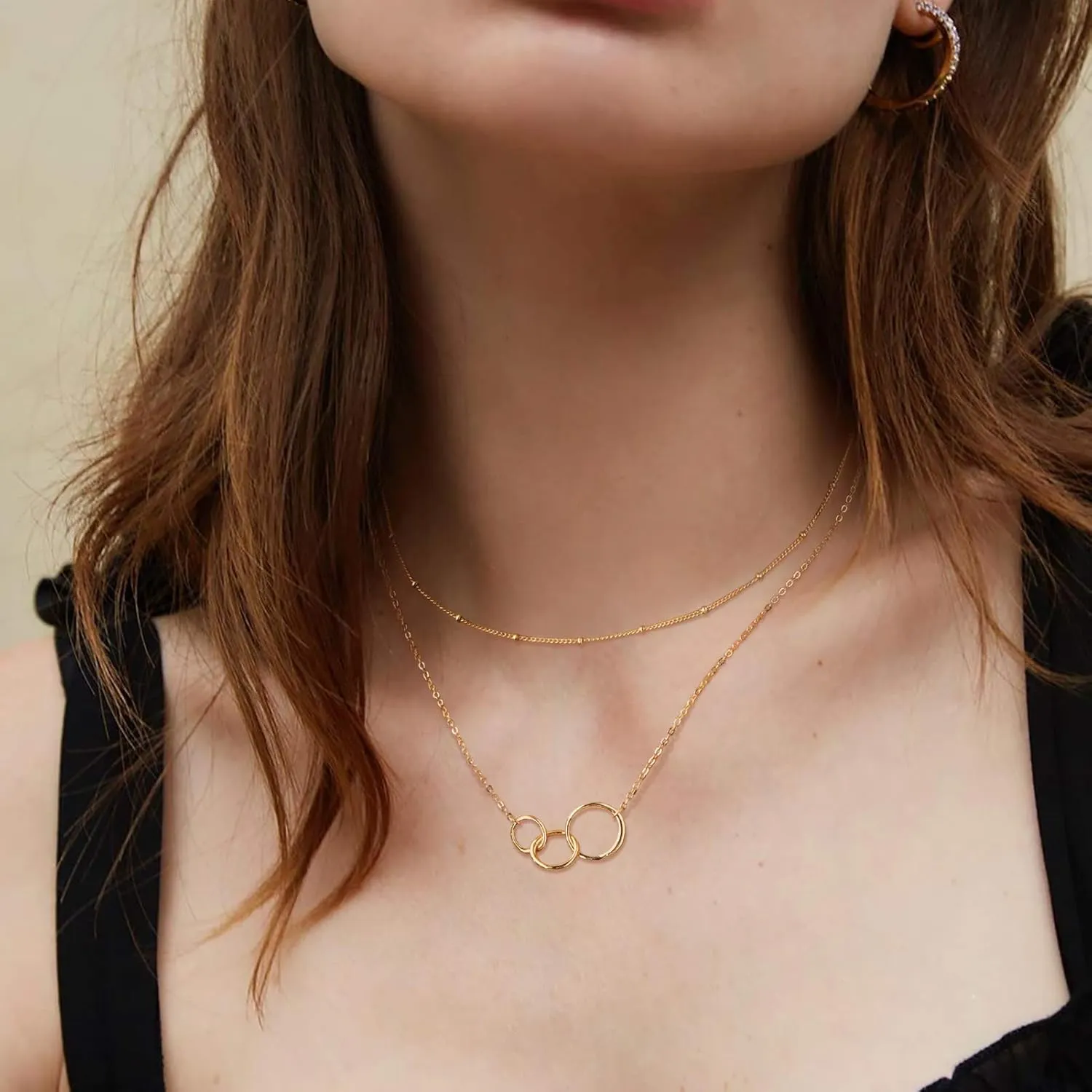 Bemoly Multilayered Necklace for Women, 14K Gold Plated Chain Choker Hammered Coin Bar Dainty Y Pendant Long Necklace 3 Layered Choker Necklace Simple Costume Jewelry