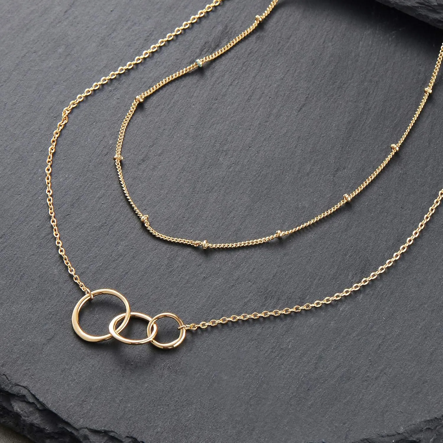 Bemoly Multilayered Necklace for Women, 14K Gold Plated Chain Choker Hammered Coin Bar Dainty Y Pendant Long Necklace 3 Layered Choker Necklace Simple Costume Jewelry