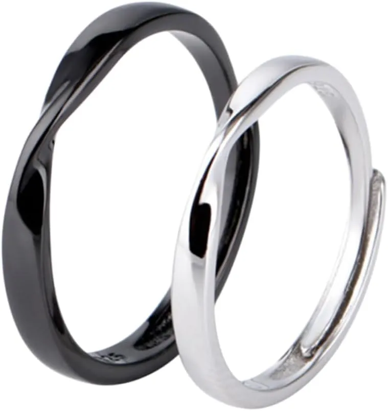 BESPORTBLE 2pcs Adjustable Sterling Silver Couple Rings Open Design for Engagement and Wedding Includes Black Ring and present for Lovers