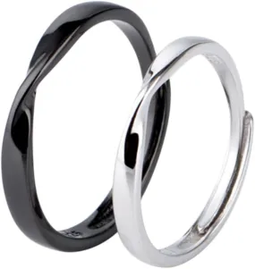 BESPORTBLE 2pcs Adjustable Sterling Silver Couple Rings Open Design for Engagement and Wedding Includes Black Ring and present for Lovers