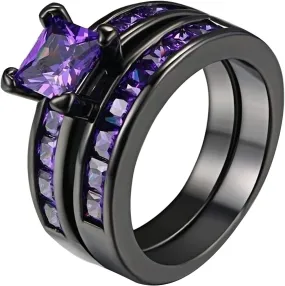 Black Plated Couples Matching Rings Women Purple Violet Wedding Rings Sets His and Hers Men Tungsten Wedding Band