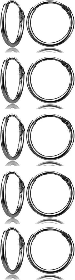 Black Plated Sterling Silver Small Endless 10mm Round Unisex Hoop Earrings, Set of 5 Pairs