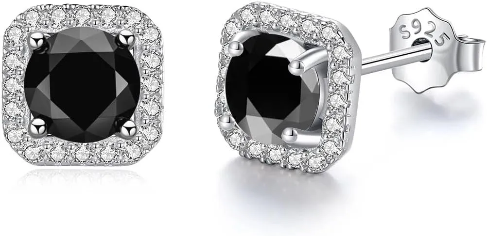Black Stud Earrings for Men and Women,14k White Gold Plated Sterling Silver Diamond Earring,Square Round Zirconia Jewelry Gift for Him/Her