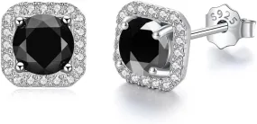 Black Stud Earrings for Men and Women,14k White Gold Plated Sterling Silver Diamond Earring,Square Round Zirconia Jewelry Gift for Him/Her