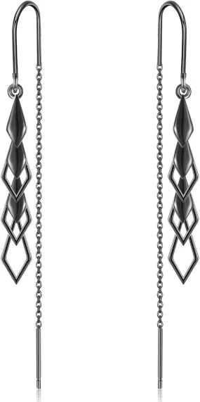 Black Threader Earrings Sterling Silver Gemotric Diamond Shape Tassel Earrings