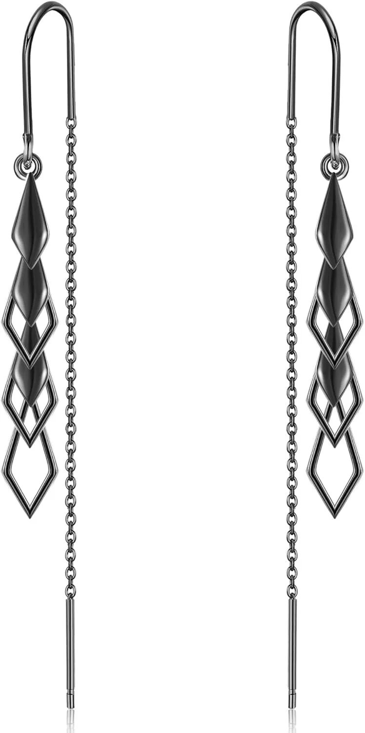 Black Threader Earrings Sterling Silver Gemotric Diamond Shape Tassel Earrings
