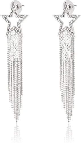 Bling Women Tassel Earrings Star Ear Stud Pave Crystal Dangle Earrings Boho Waterfall Beaded Fringe Drop Earring