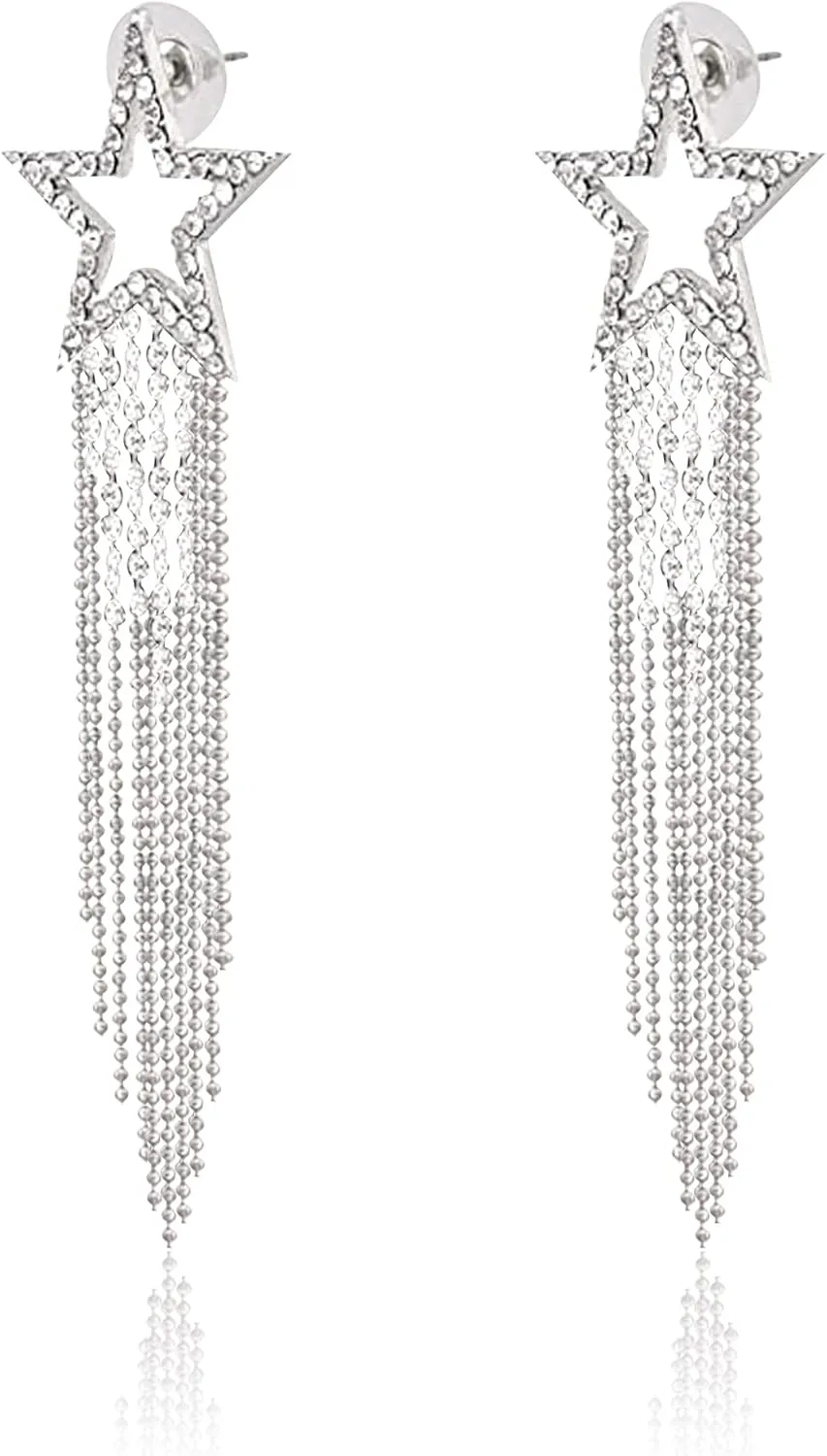 Bling Women Tassel Earrings Star Ear Stud Pave Crystal Dangle Earrings Boho Waterfall Beaded Fringe Drop Earring