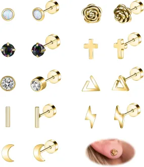 BodyAce Surgical Steel Earrings for Women, Hypoallergenic Flat Back Earrings Cartilage Hoops, CZ Star Heart Stud Earring Tragus Helix Piercing Jewelry