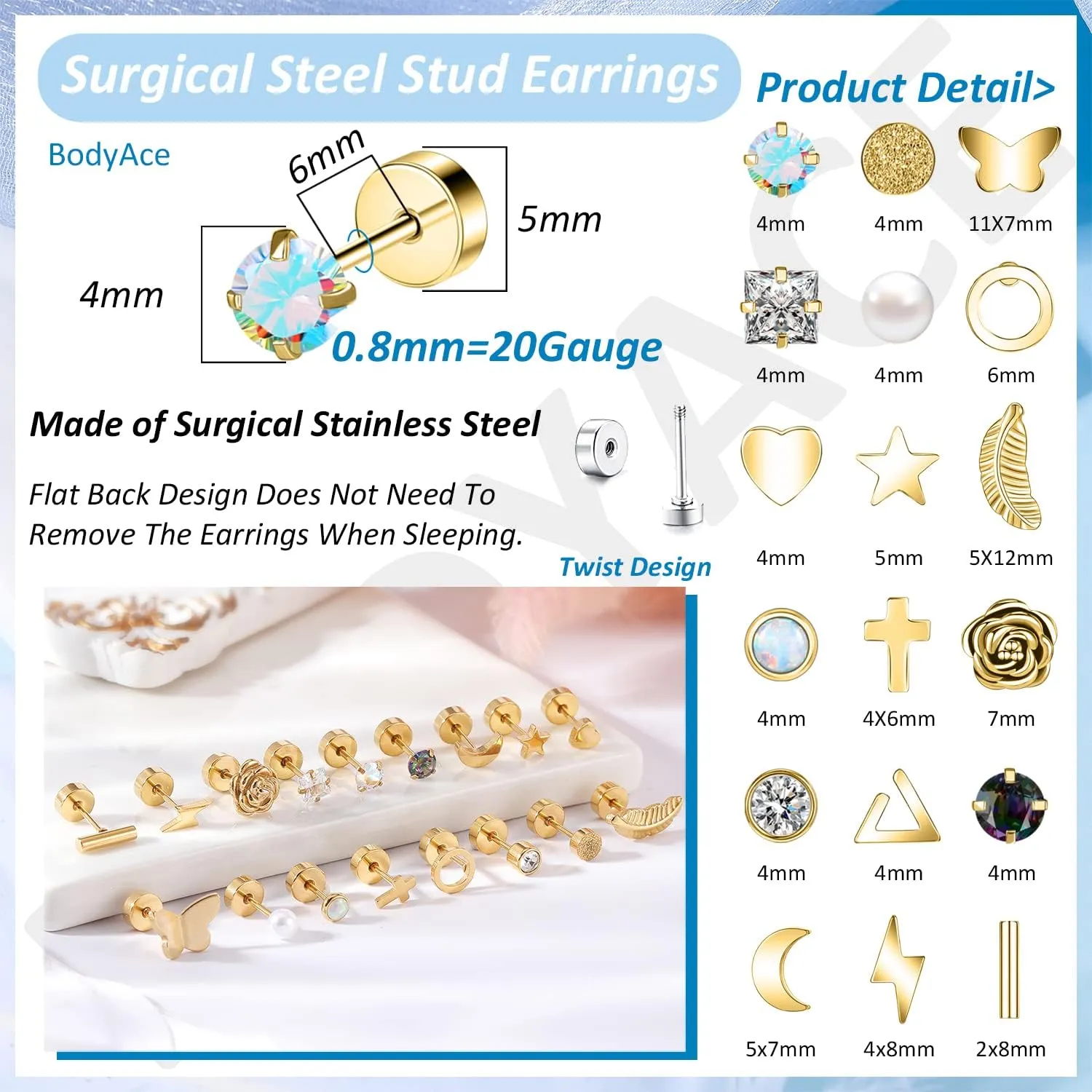 BodyAce Surgical Steel Earrings for Women, Hypoallergenic Flat Back Earrings Cartilage Hoops, CZ Star Heart Stud Earring Tragus Helix Piercing Jewelry