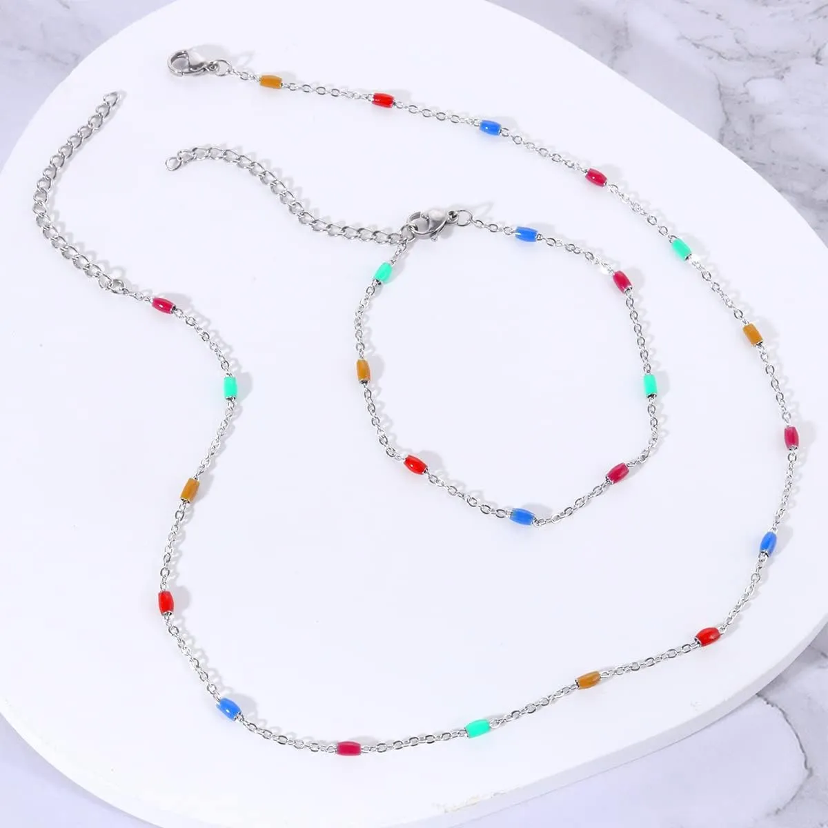 Bohemia Beaded Beads Choker Necklace Bracelets Set for Women,18K real Gold Plated Stainless Steel,Simple Fashion Round Bead Necklace Fashion Jewelry