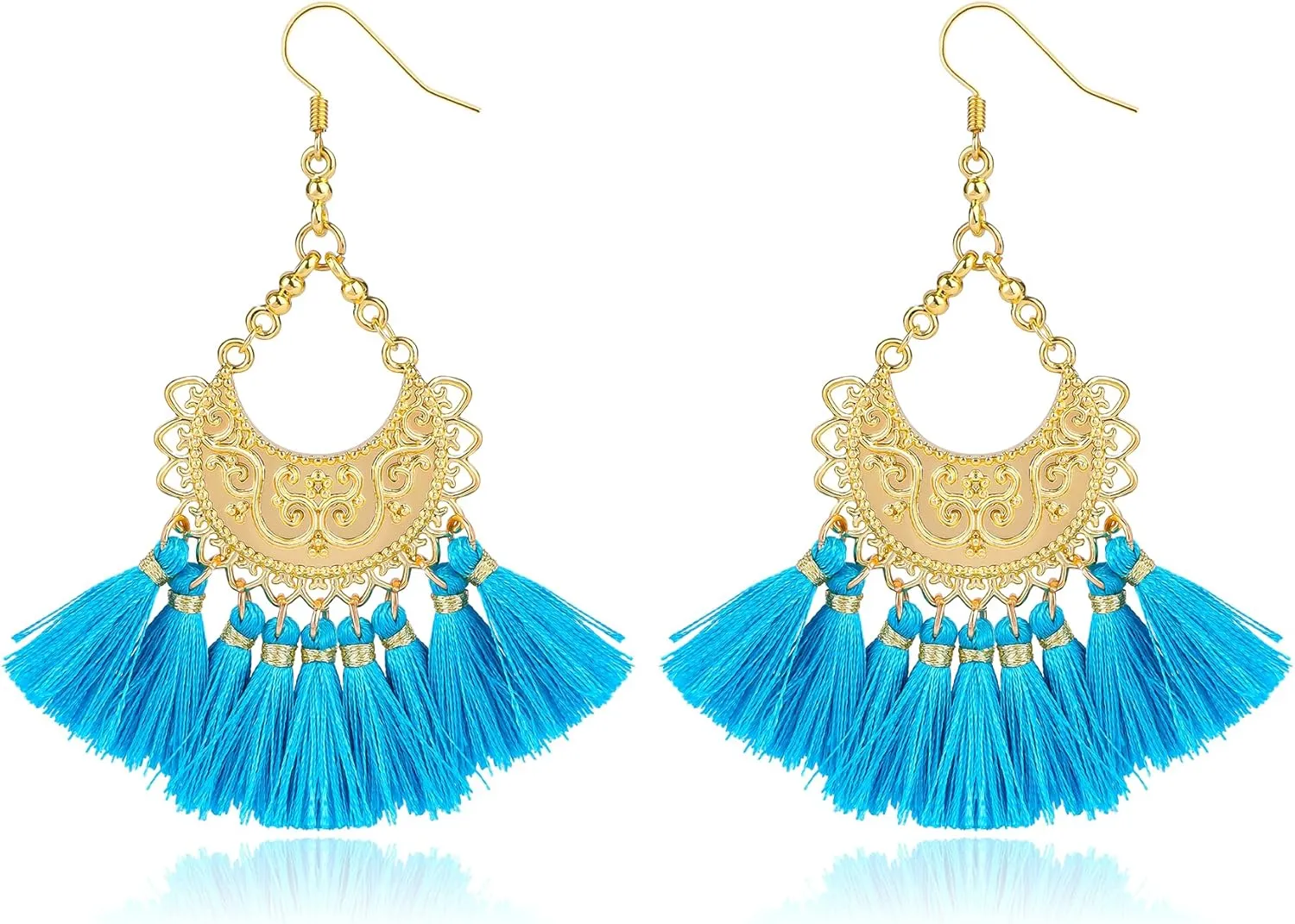 Bohemian Dangle Tassel Earrings for Women 14K Gold Plated Tassel Textured Hoop Fringe Chandelier Earrings Gold Teardrop Hoop Boho Statement Earrings Handmade Trendy Summer Vacation Jewelry Gift, Blue