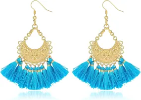 Bohemian Dangle Tassel Earrings for Women 14K Gold Plated Tassel Textured Hoop Fringe Chandelier Earrings Gold Teardrop Hoop Boho Statement Earrings Handmade Trendy Summer Vacation Jewelry Gift, Blue