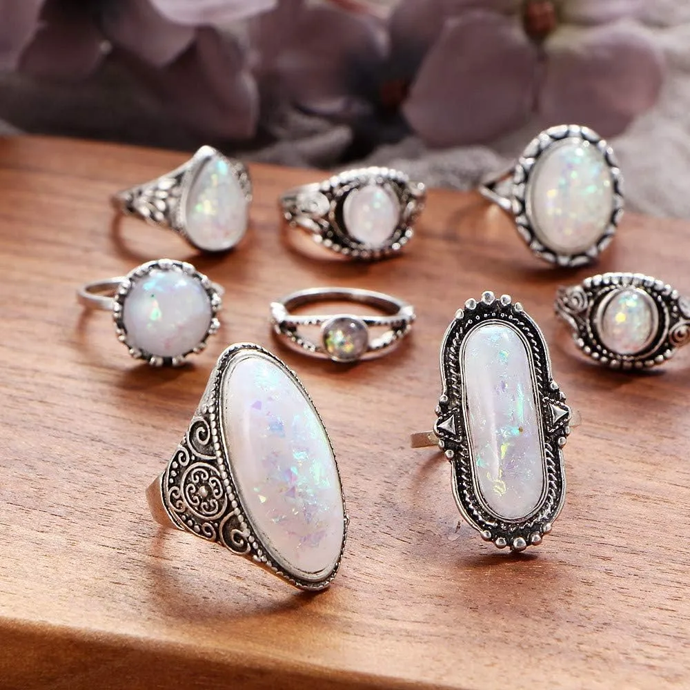 Bohemian Flower Vintage Silver Crystal Joint Ring Set for Women and Girls Women 8 Pcs Boho Gem Stone Ring Set Girl