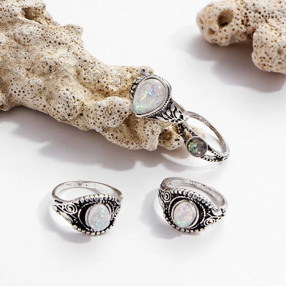 Bohemian Flower Vintage Silver Crystal Joint Ring Set for Women and Girls Women 8 Pcs Boho Gem Stone Ring Set Girl
