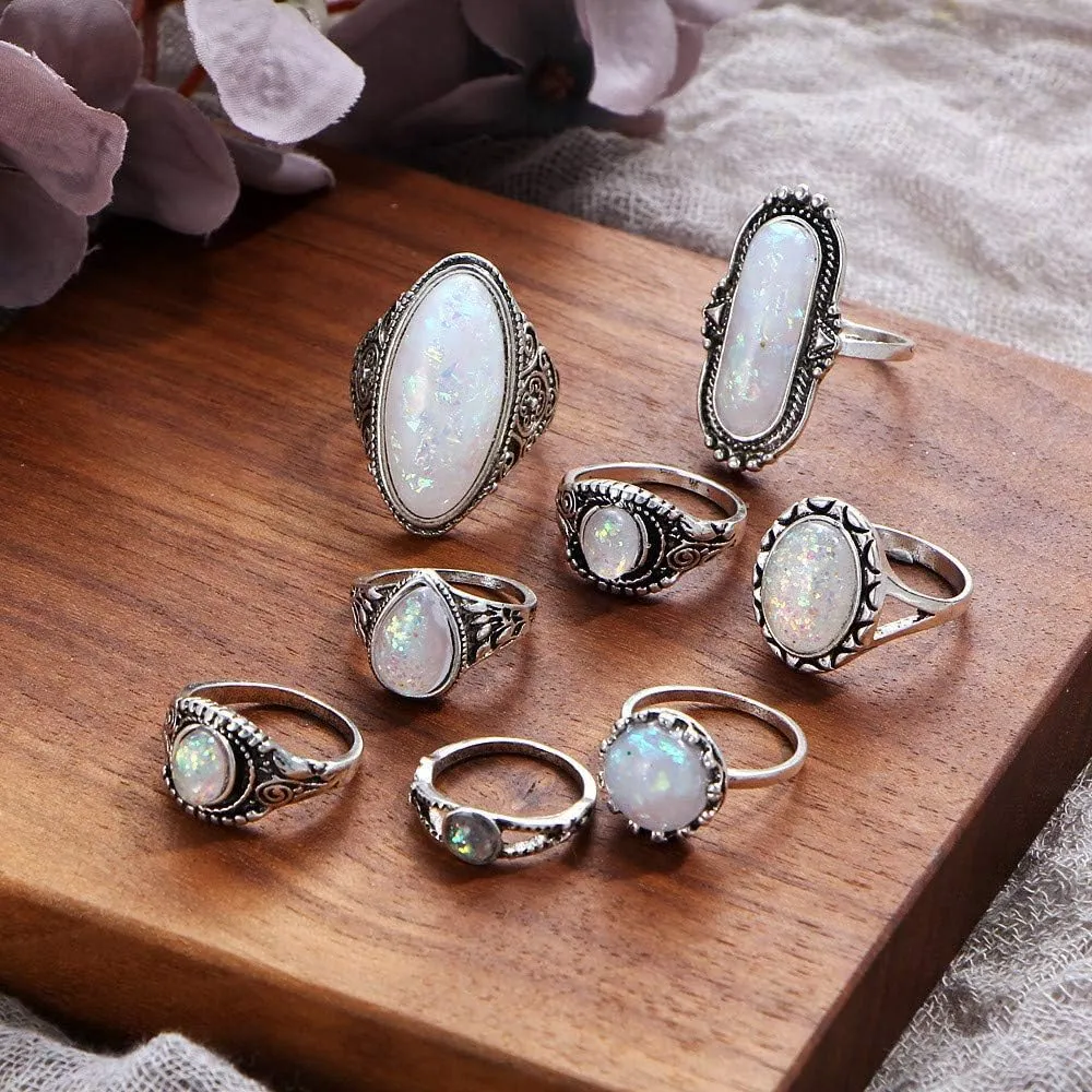 Bohemian Flower Vintage Silver Crystal Joint Ring Set for Women and Girls Women 8 Pcs Boho Gem Stone Ring Set Girl