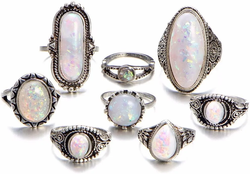 Bohemian Flower Vintage Silver Crystal Joint Ring Set for Women and Girls Women 8 Pcs Boho Gem Stone Ring Set Girl