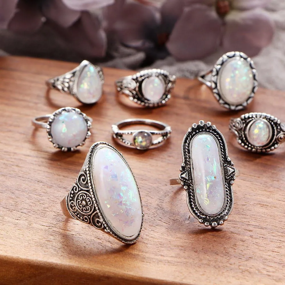 Bohemian Flower Vintage Silver Crystal Joint Ring Set for Women and Girls Women 8 Pcs Boho Gem Stone Ring Set Girl