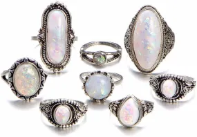 Bohemian Flower Vintage Silver Crystal Joint Ring Set for Women and Girls Women 8 Pcs Boho Gem Stone Ring Set Girl