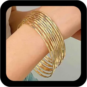 Bohemian Layered Bangle Bracelet Gold Metal Stacking Bracelet Ethnic Glossy Textured Bracelet Indian Bollywood Bracelets Set Jewelry for Women(9Pcs)