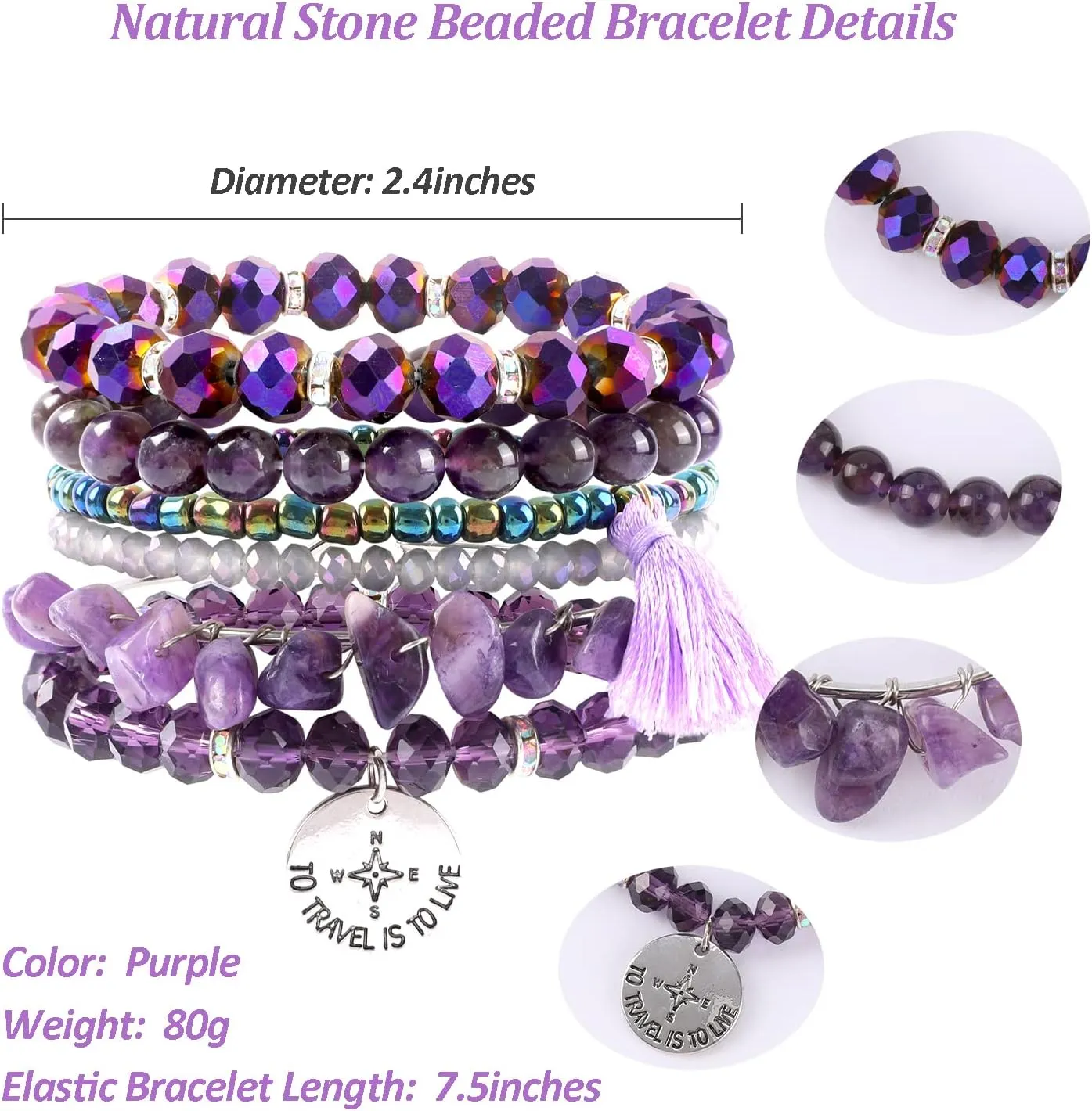 Bohemian Natural Stone Beaded Bracelets for Women Men Stackable Stretch Beads Bracelet Set with Charm and Tassel Multilayered Elastic Gemstone Bracelets Summer Beach Boho Jewelry Gift for Women